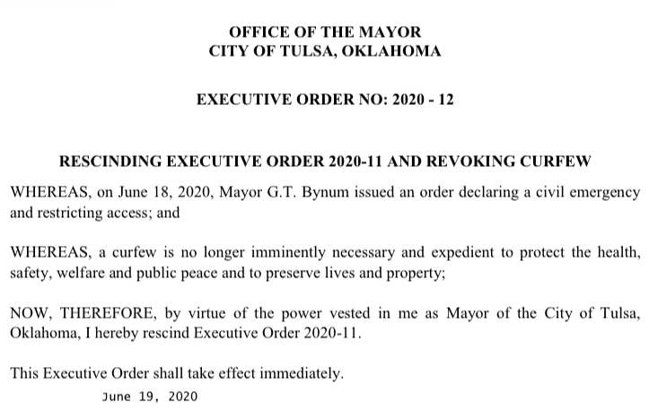 Mayor rescinds Tulsa curfew image
