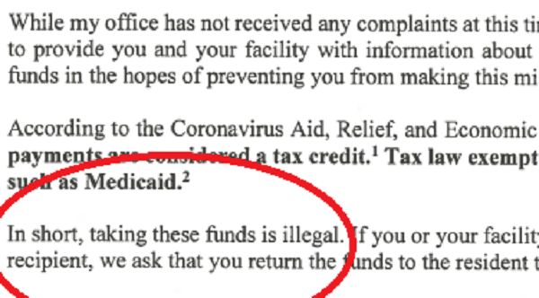 Long-term care facilities reminded that taking stimulus funds from Medicaid recipients is illegal image