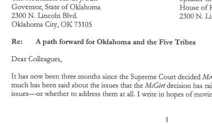 OK AG recommends federal legislation for optional state-tribal compacting on criminal matters image