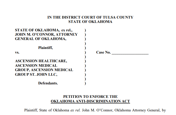 Attorney General John O'Connor Files Application for Temporary Restraining Order Against Ascension Healthcare image