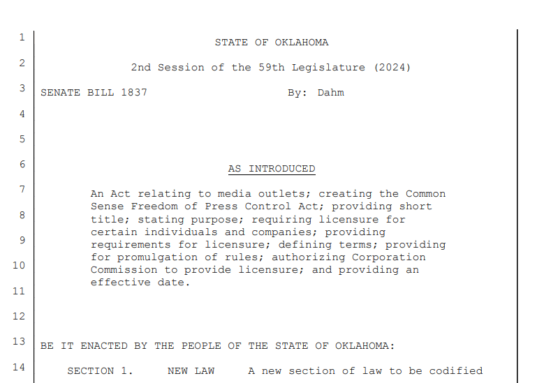 Oklahoma lawmaker files bill to mandate journalism licenses and other requirements image