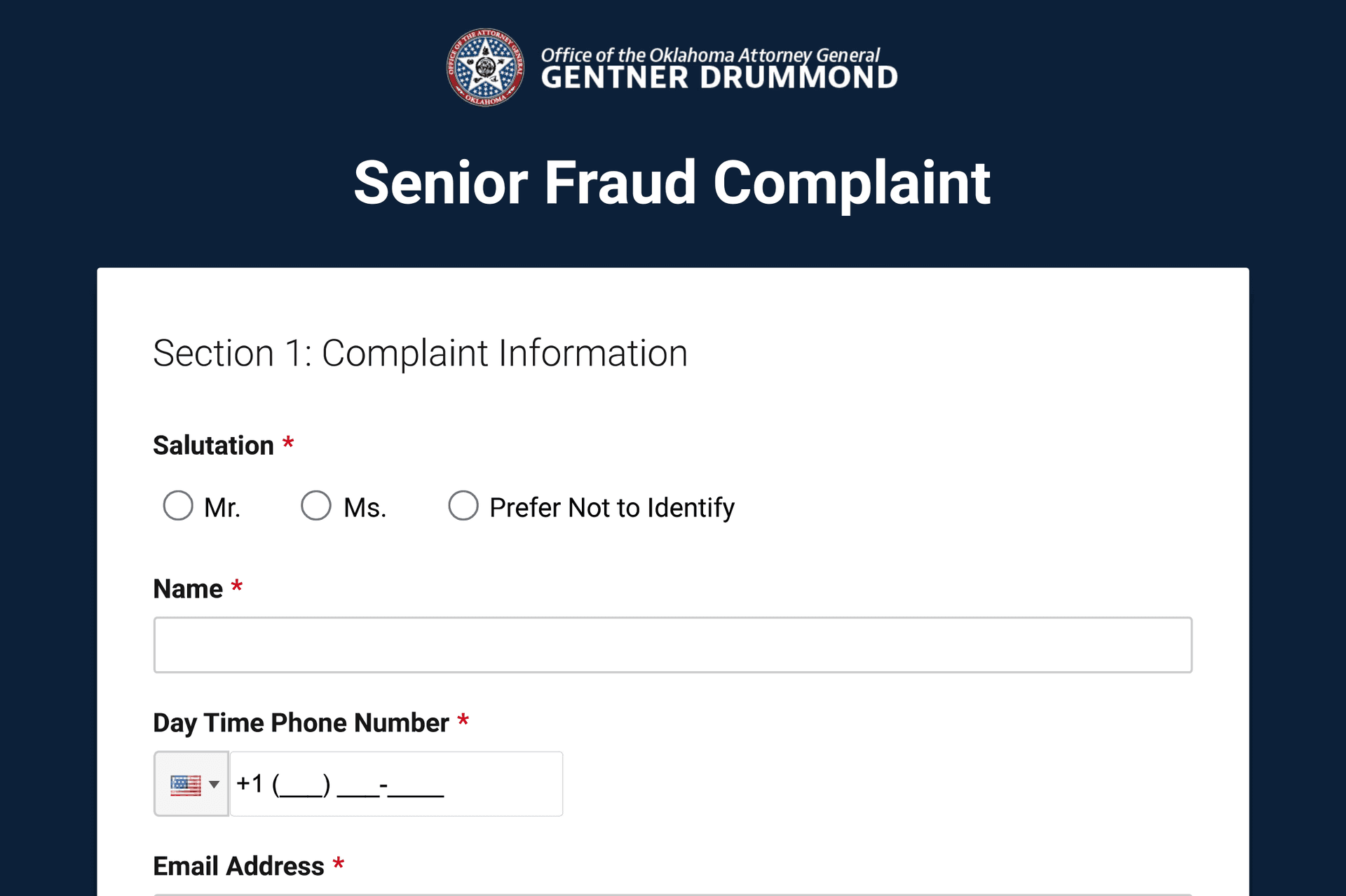 Senior Fraud complaint form available on Attorney General's Office website image